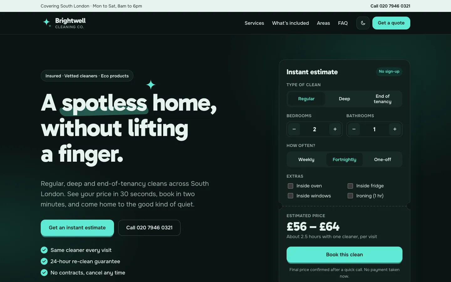 Spotless template, desktop view in dark mode